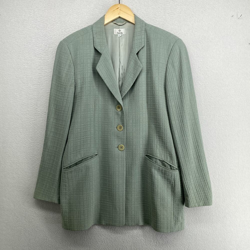 ZANELLA Blazer Womens 8 Silk Wool Blend Grid Textured 3 Button Green Italy Vtg